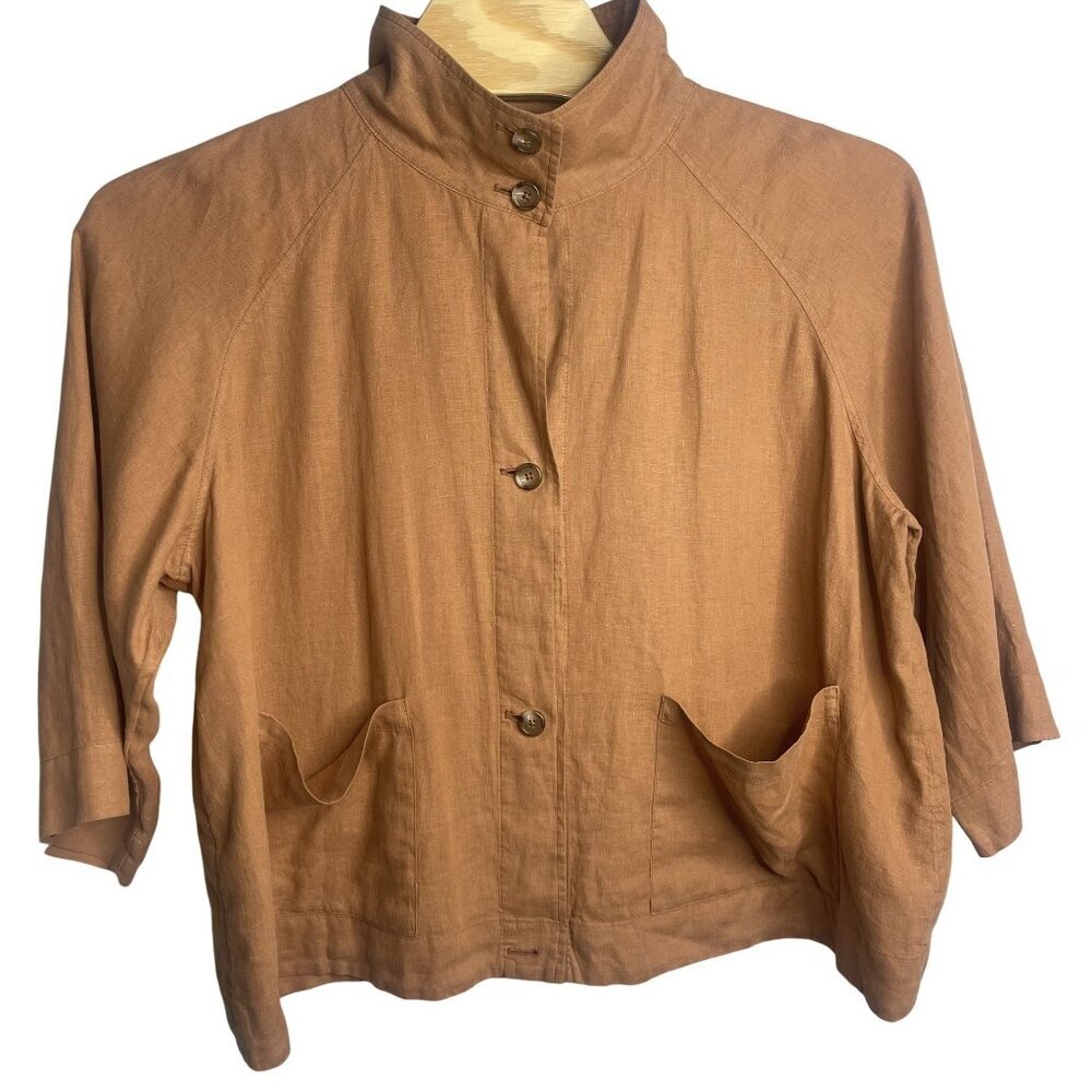 Pure jill Elements Brown Button-Up Linen Jacket Pockets 2X High Collar 3/4 Sleev